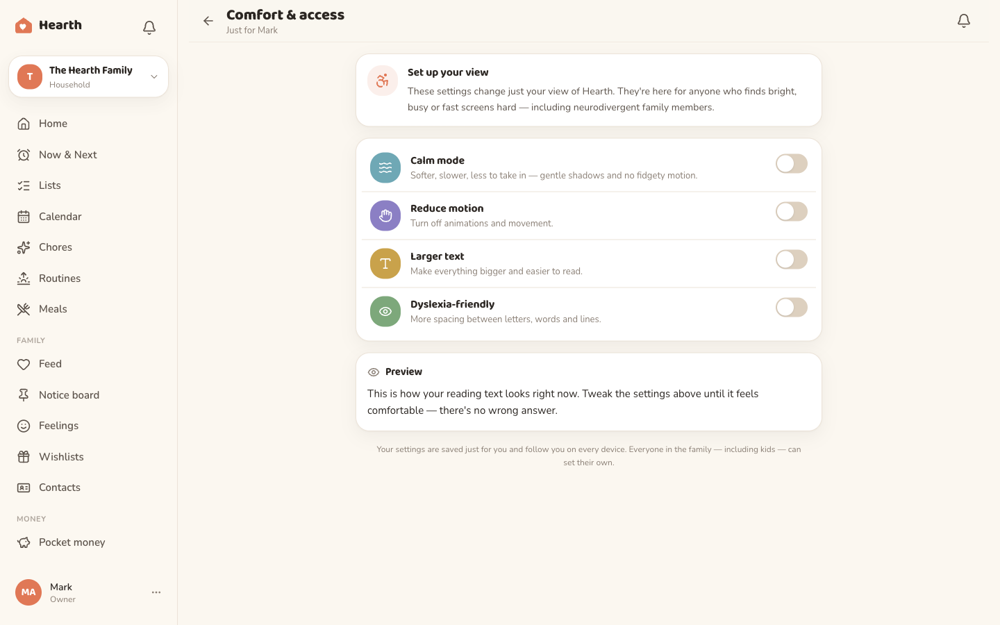 The Oona comfort and access settings on desktop, with per-person toggles for Calm mode, Reduce motion, Larger text and Dyslexia-friendly reading, plus a live preview.