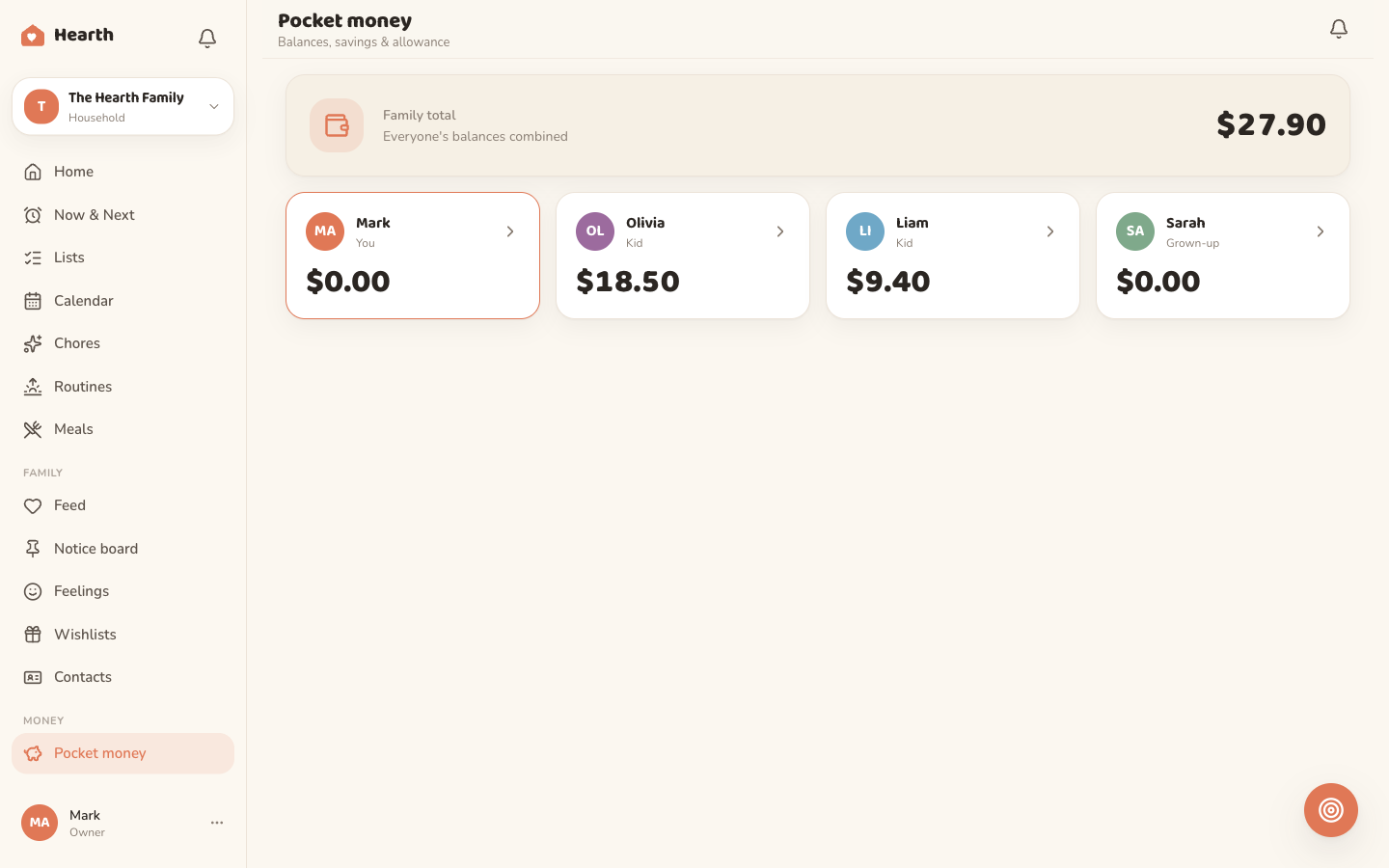The Oona pocket money view on desktop, showing each child's balance and a savings goal filling up.