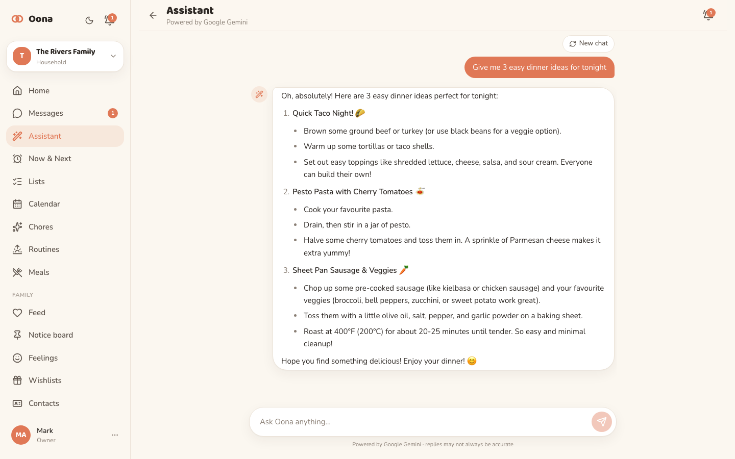 The Oona AI assistant on desktop, answering a question about easy dinner ideas with a friendly, formatted reply.