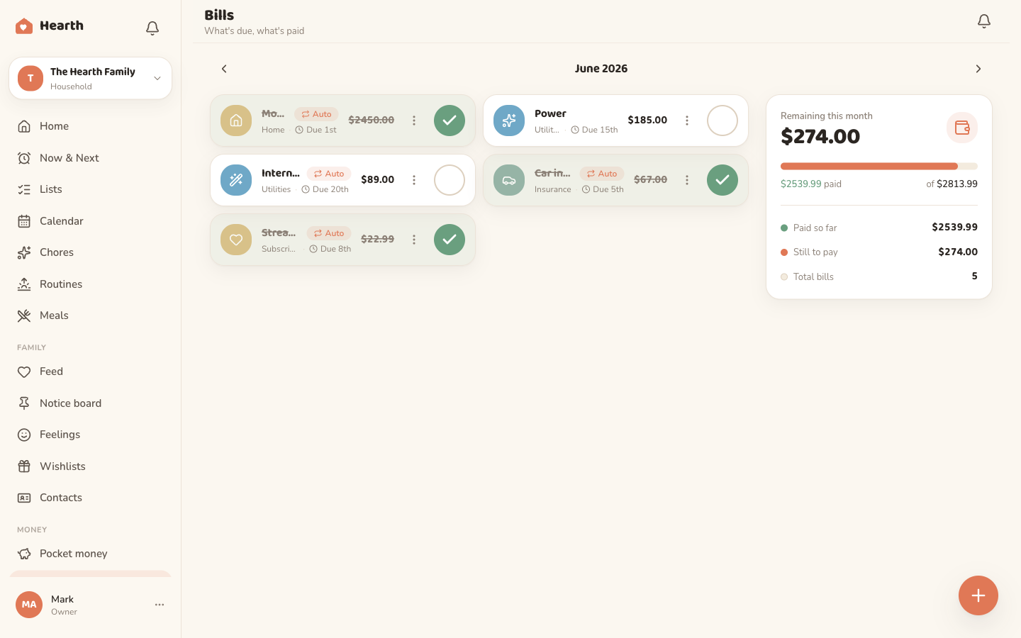 The Oona bills and expenses view on desktop, tracking the household's recurring bills and costs.