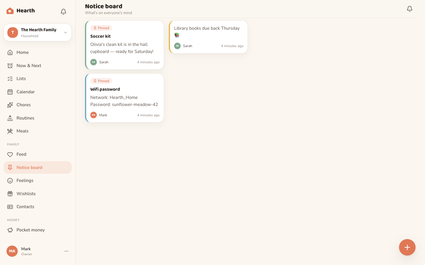 The Oona notice board on desktop, with pinned notes and reminders the whole family can see.