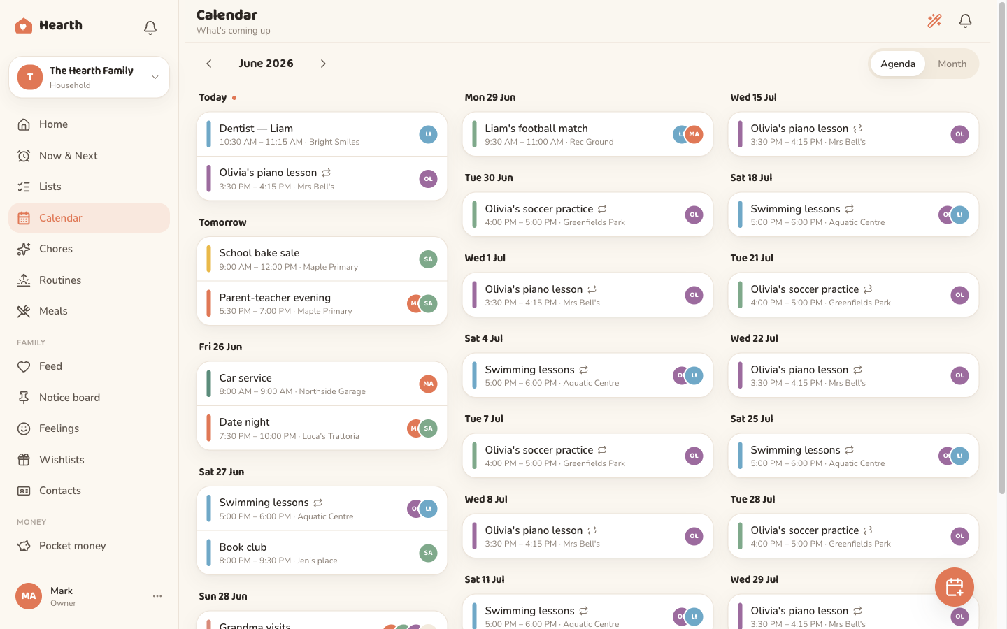 The Oona calendar on desktop, a colour-coded week with events assigned to different family members.
