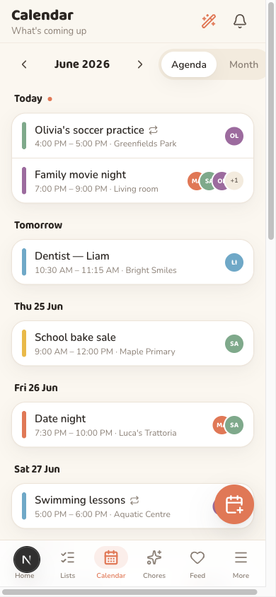 The Oona family calendar on a phone, showing the week's colour-coded events with who is assigned to each.