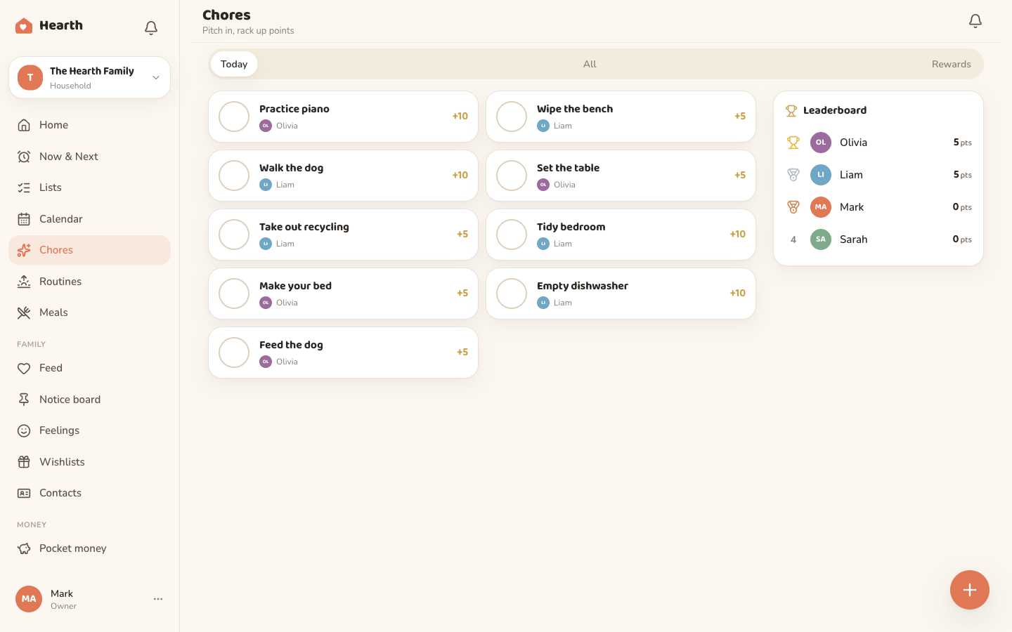The Oona chores view on desktop, with assignable and recurring chores worth points for each child, and a family leaderboard.