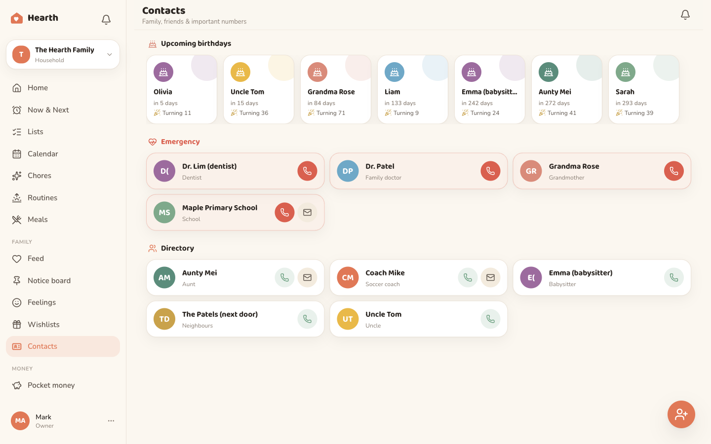 The Oona contacts and birthdays view on desktop, a shared family address book with upcoming birthdays.