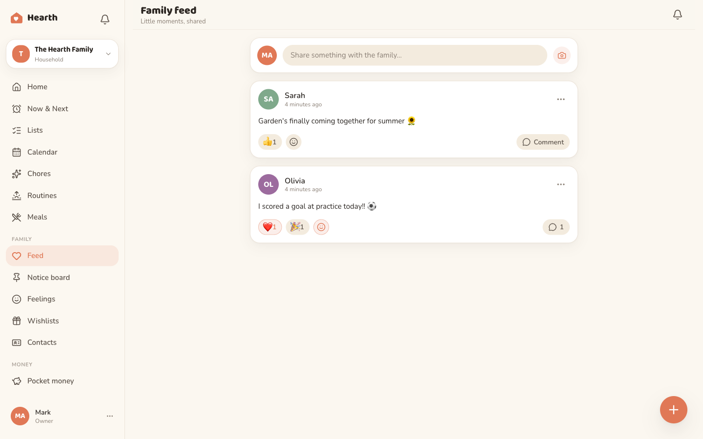 The Oona family feed on desktop, a private stream of family photos, posts and reactions.