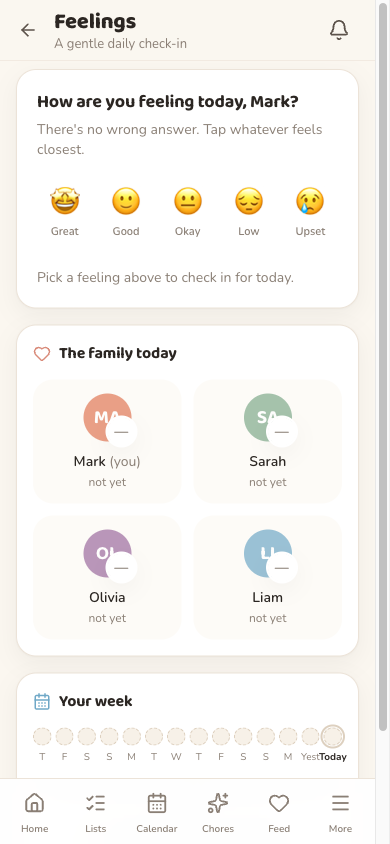 The Oona feelings check-in on a phone, with friendly faces from Great to Upset for naming how you feel today.