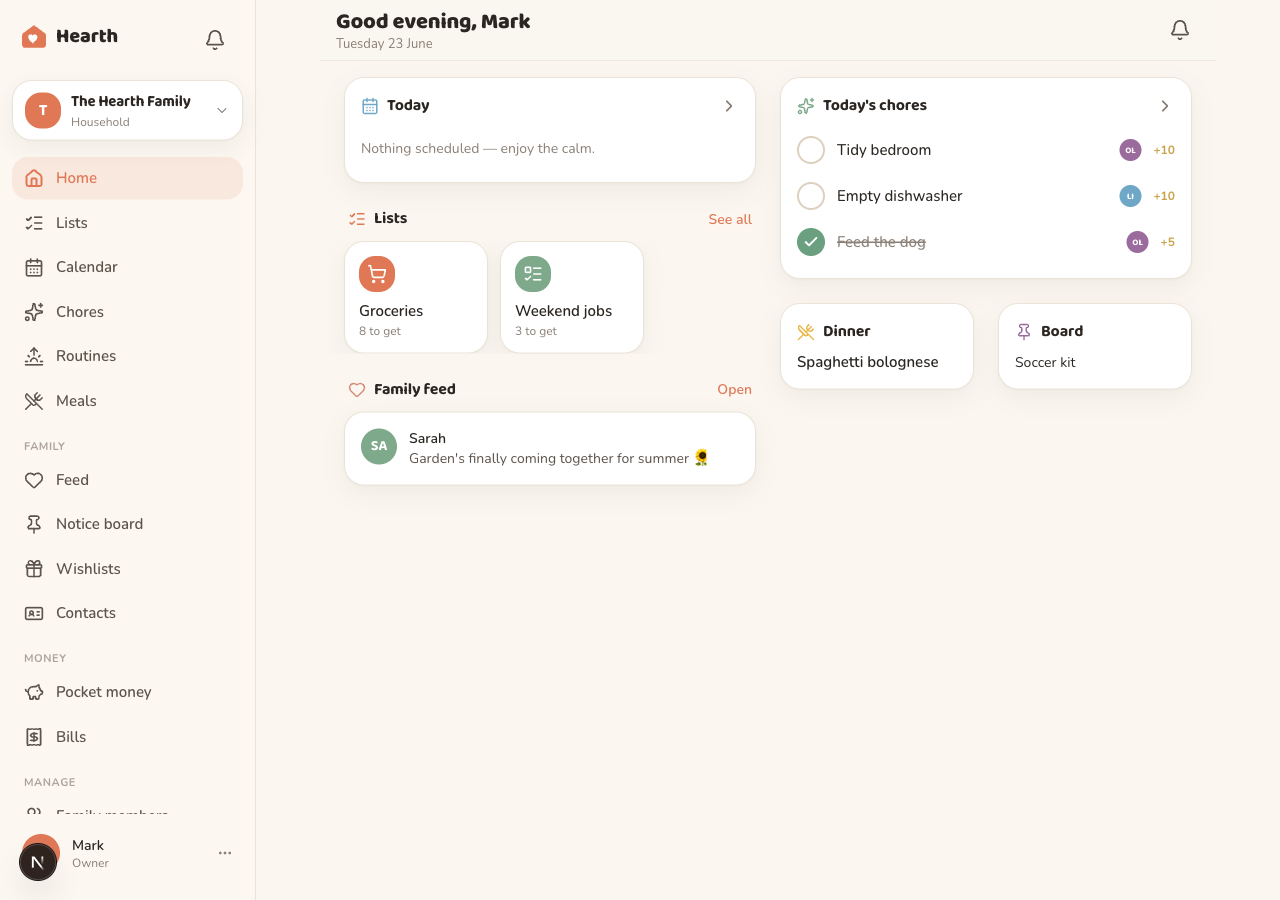 The Oona desktop dashboard, with the full navigation sidebar and cards for today, the family's lists, today's chores and the family feed.