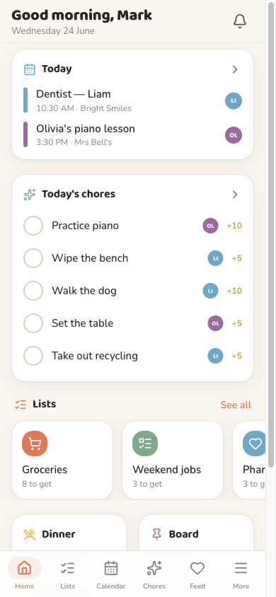 The Oona home screen on a phone, with the family's lists, today's plan and a warm greeting.