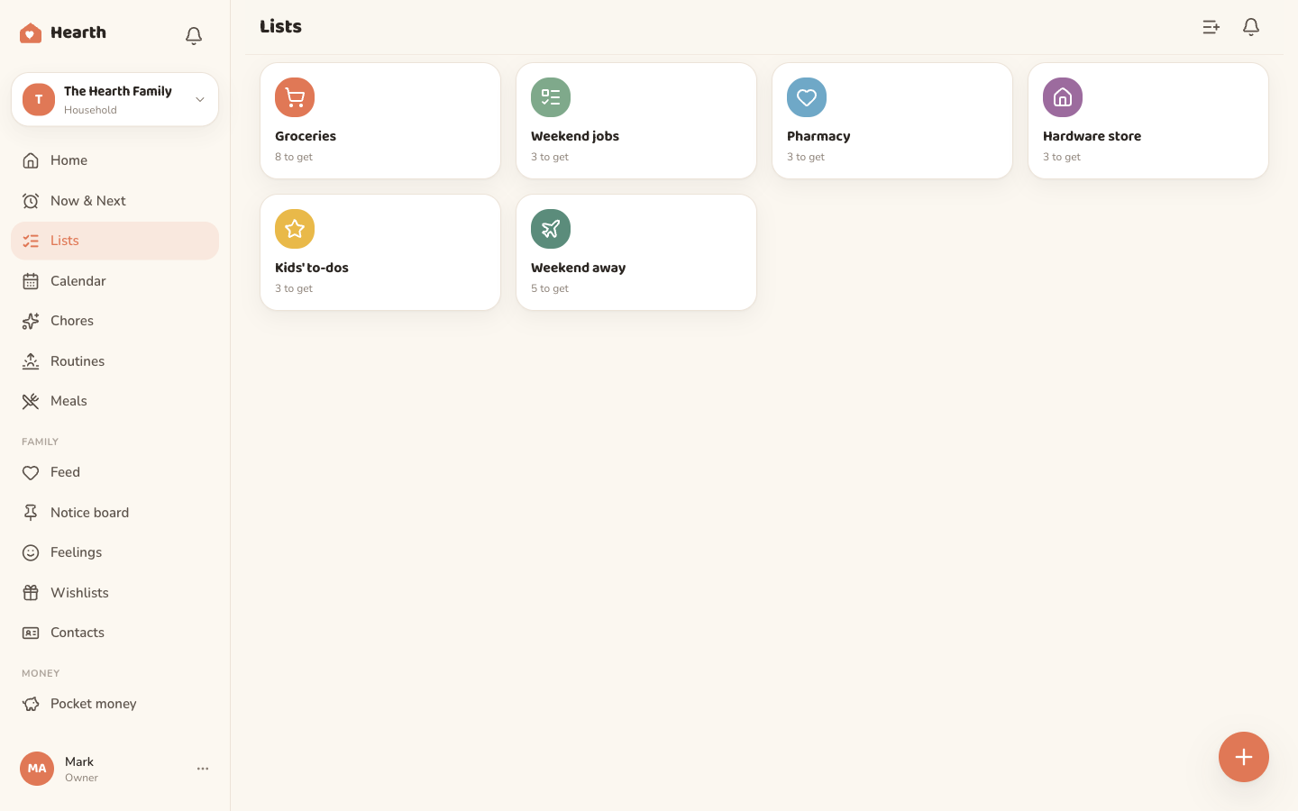 The Oona lists view on desktop, a grid of shared list cards including Groceries, Weekend jobs, Pharmacy, Hardware store, Kids' to-dos and Weekend away.