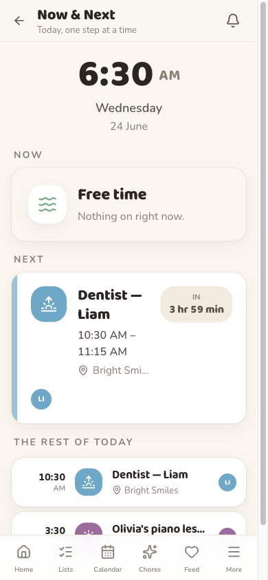 The Oona Now & Next schedule on a phone, showing the current activity, the next one and a live countdown to it.