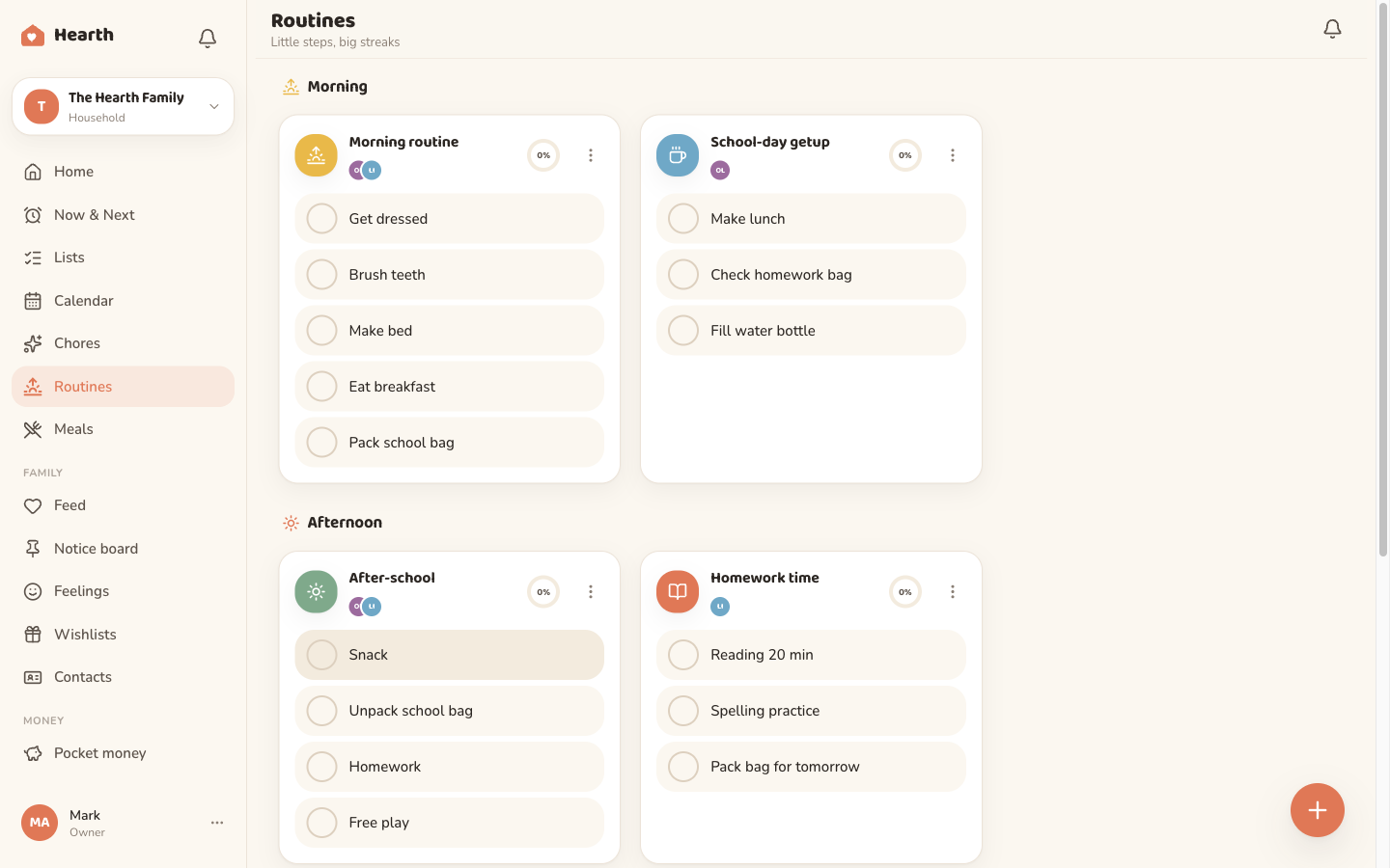 The Oona routines view on desktop, showing morning and bedtime checklists with progress streaks for each child.