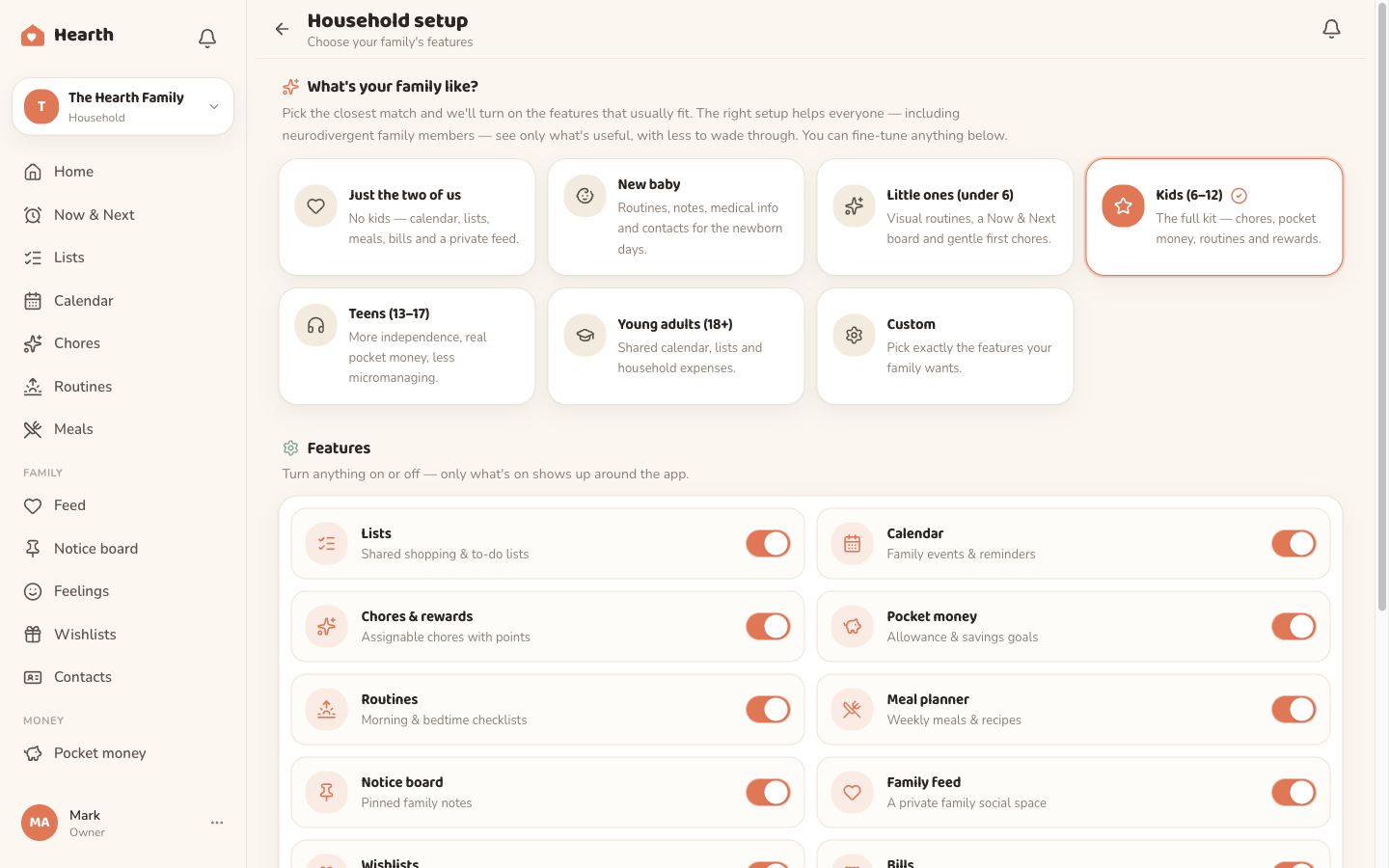 The Oona household setup screen, with life-stage presets like New baby, Little ones, Kids and Teens, above a grid of per-feature toggles for Lists, Calendar, Chores, Pocket money and more.