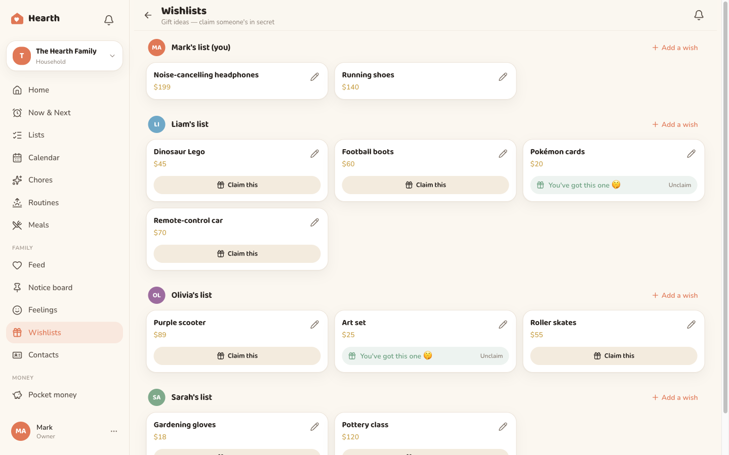 The Oona wishlists on desktop, showing each family member's wished-for gifts with secret claiming.